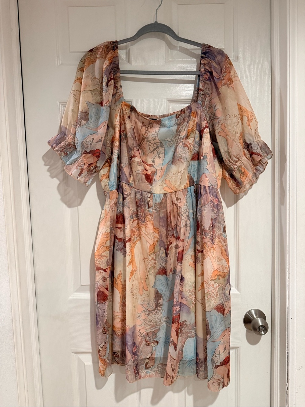 SHEIN Cream Pastel Floral Puff Sleeve Mini Dress